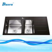 UPC Black Glass Top Double Bathroom Mold Vessel Sink In Kitchen With Drainer